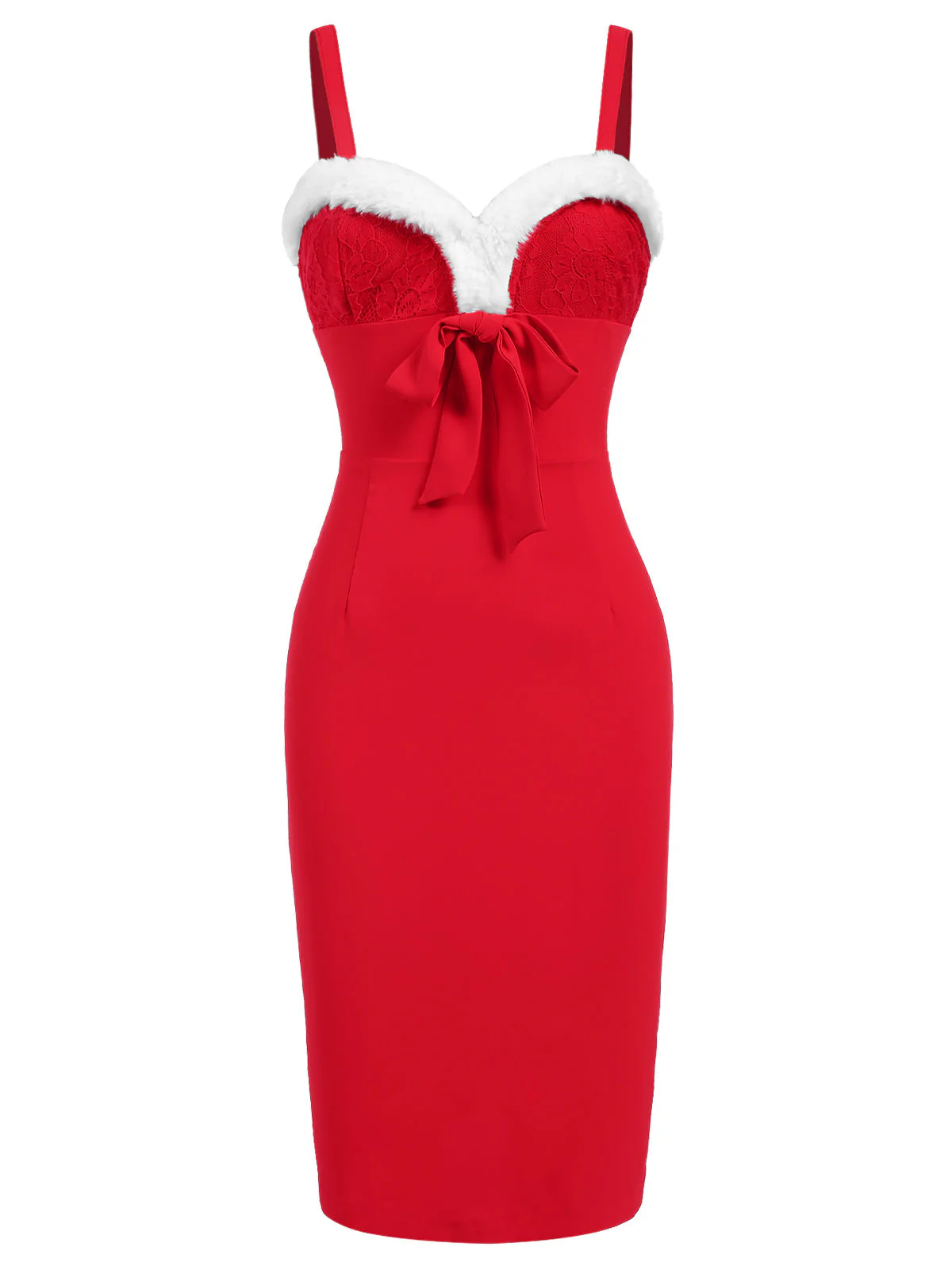 Rot 1960er Spaghetti Träger Weihnachten Plüschspitze Kleid - Image 3