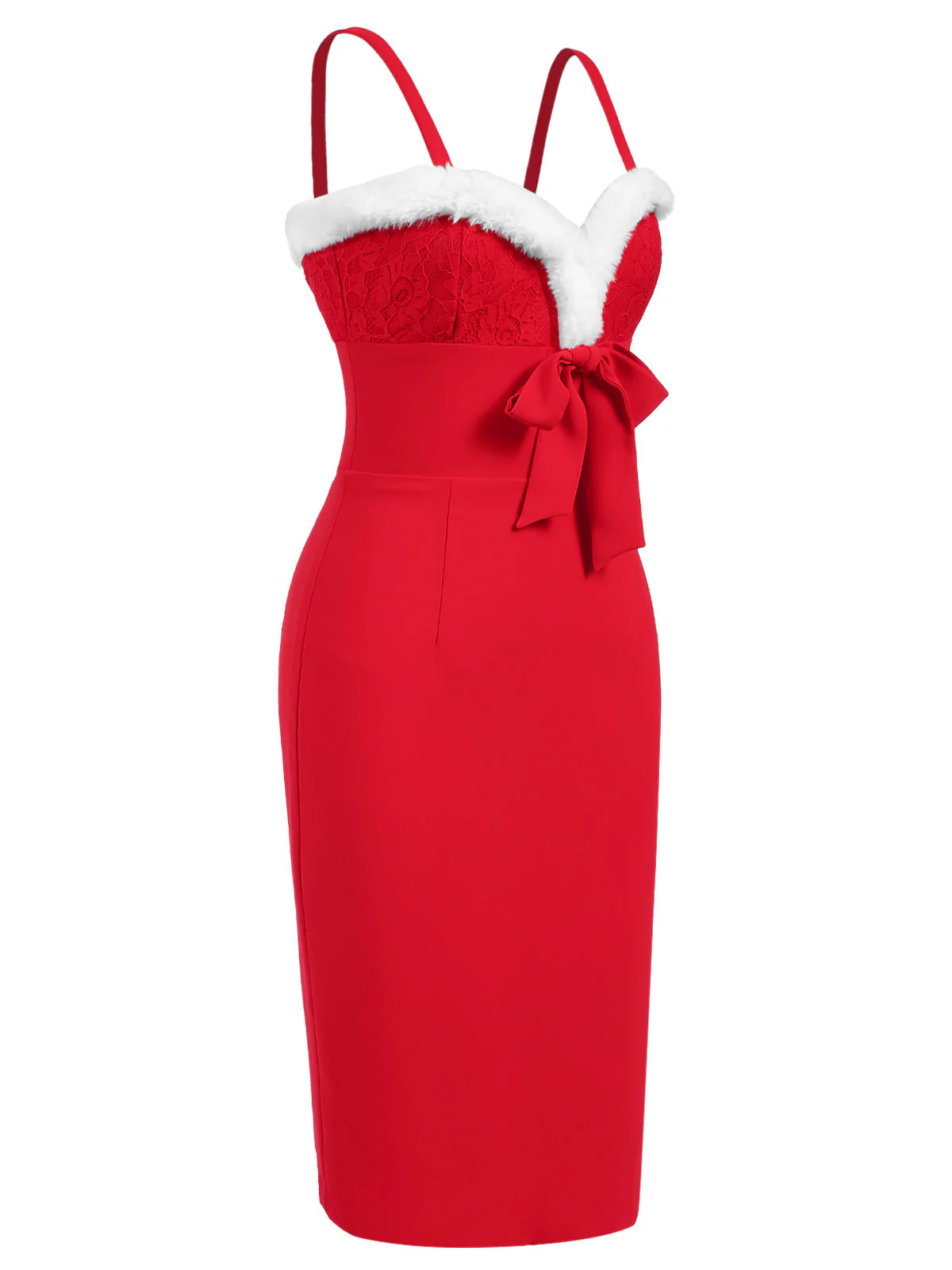 Rot 1960er Spaghetti Träger Weihnachten Plüschspitze Kleid - Image 4