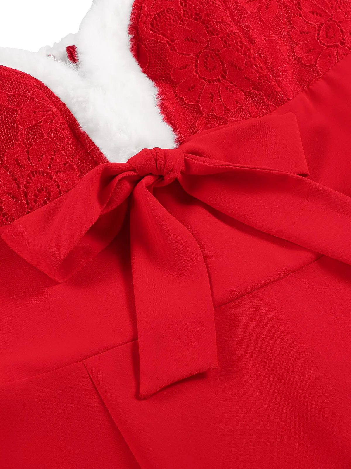 Rot 1960er Spaghetti Träger Weihnachten Plüschspitze Kleid - Image 7