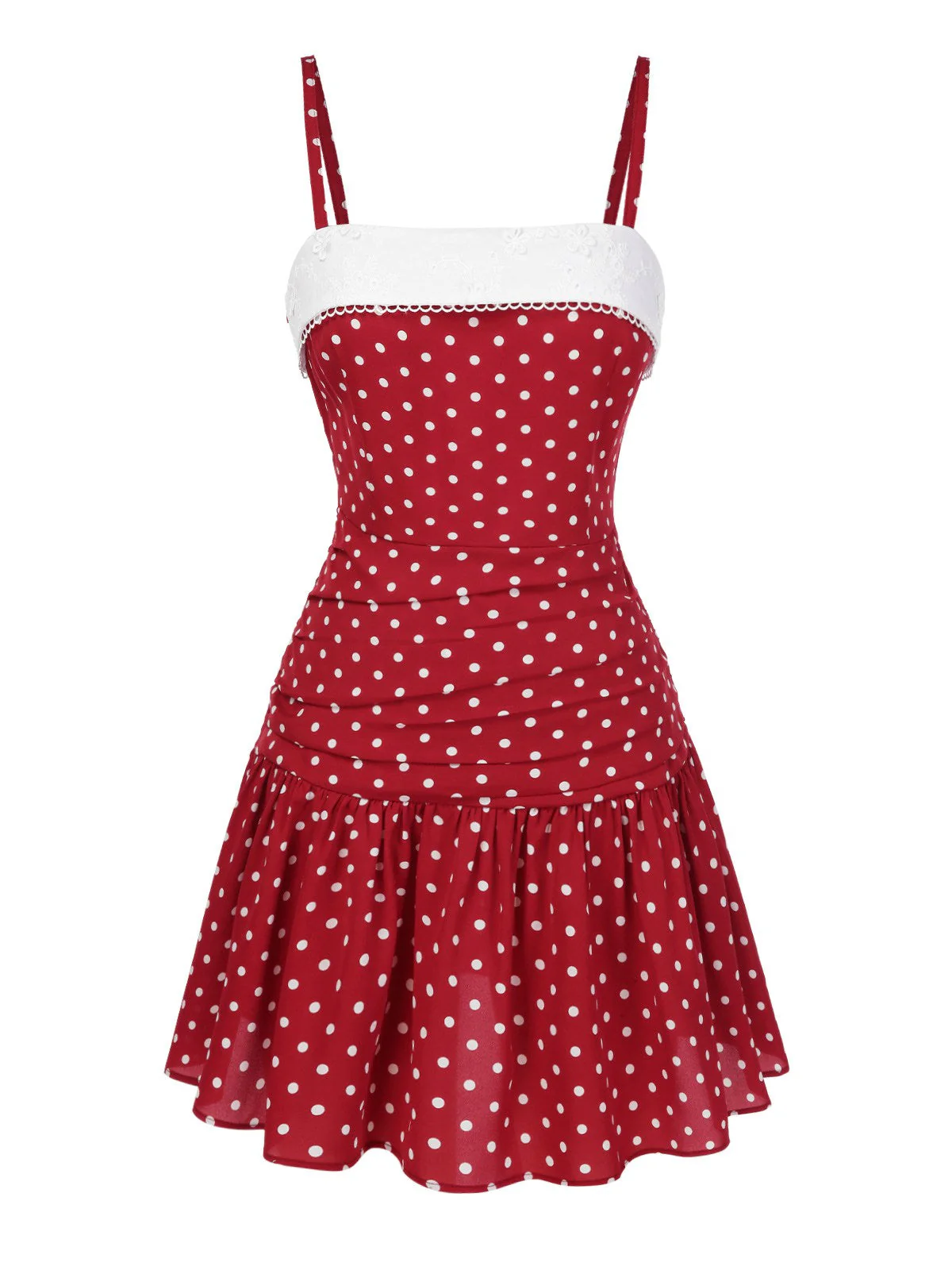 Rot 1960er Spitze Patchwork Tupfen Plissiertes Kleid - Image 2