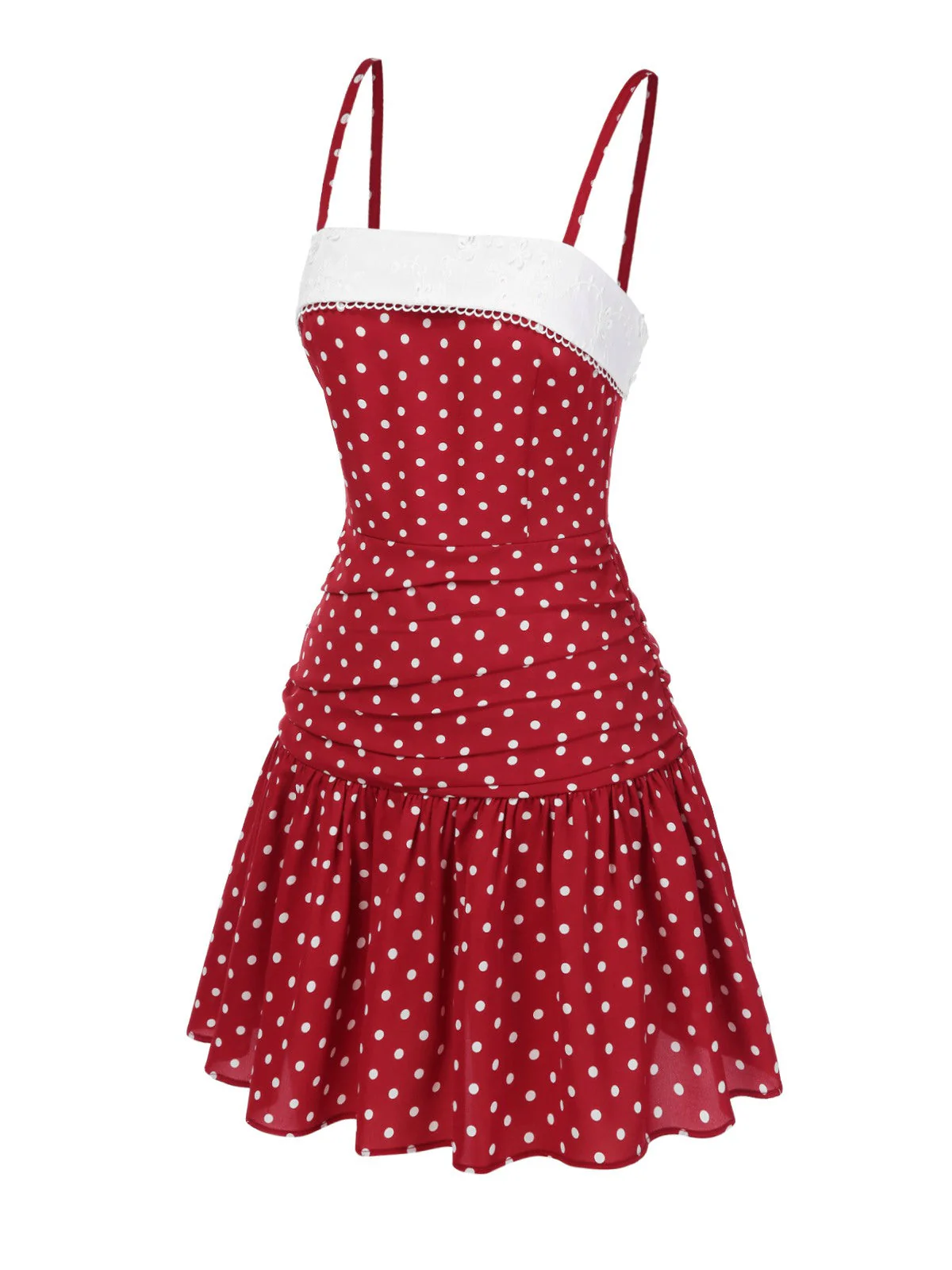 Rot 1960er Spitze Patchwork Tupfen Plissiertes Kleid - Image 3