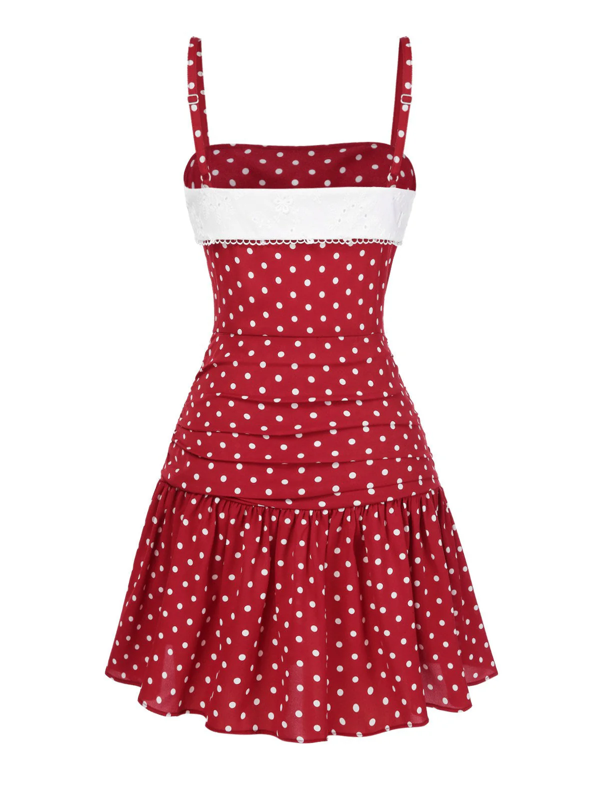 Rot 1960er Spitze Patchwork Tupfen Plissiertes Kleid - Image 4