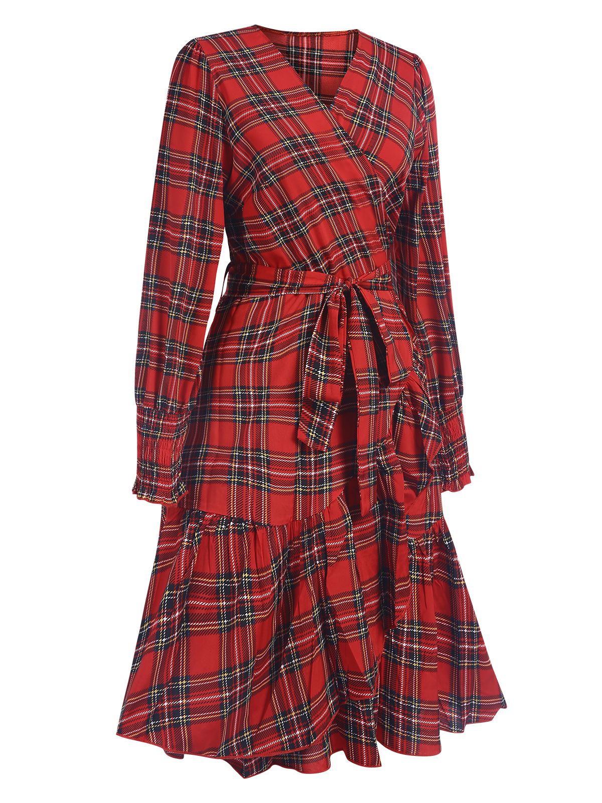 Rot 1960er Tartan Plaids Rüschensaum Gürtel Kleid - Image 2