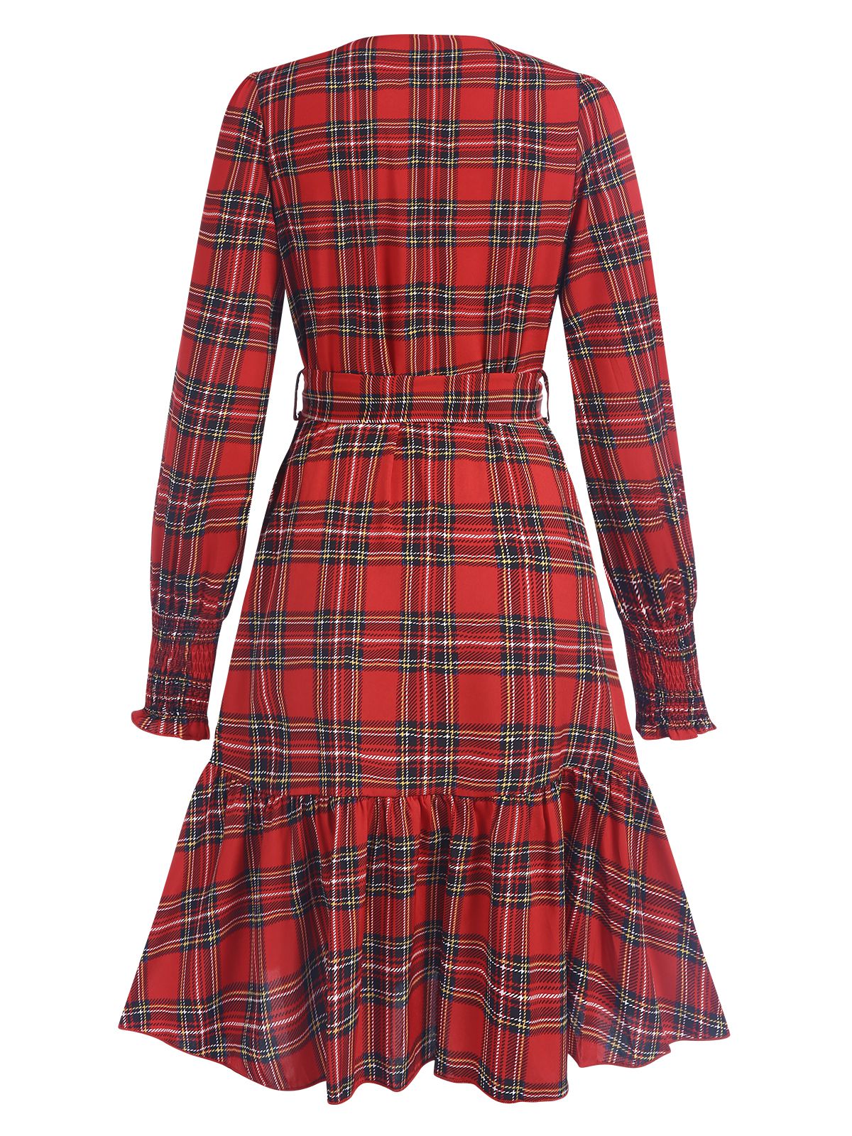Rot 1960er Tartan Plaids Rüschensaum Gürtel Kleid - Image 3