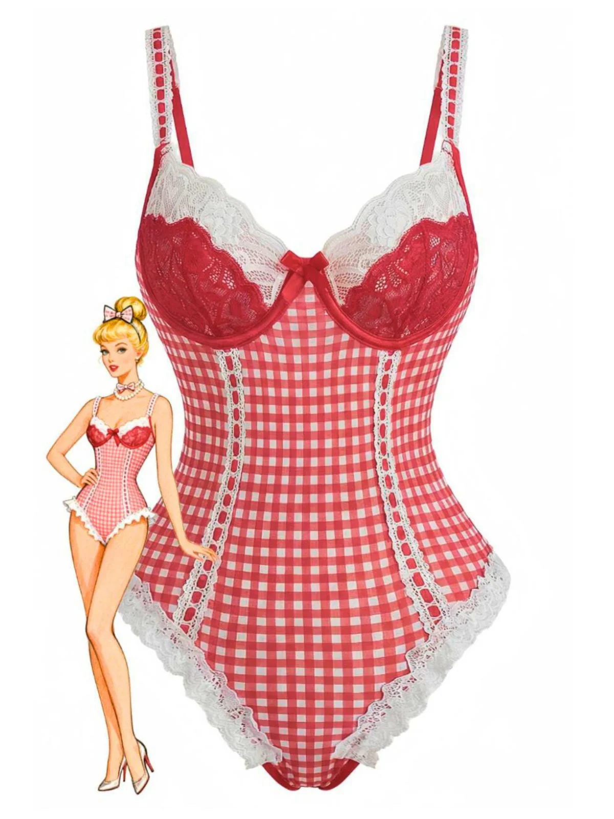 Rot 1960er Vichy-Karo Spitze Bogen Body Unterwäsche