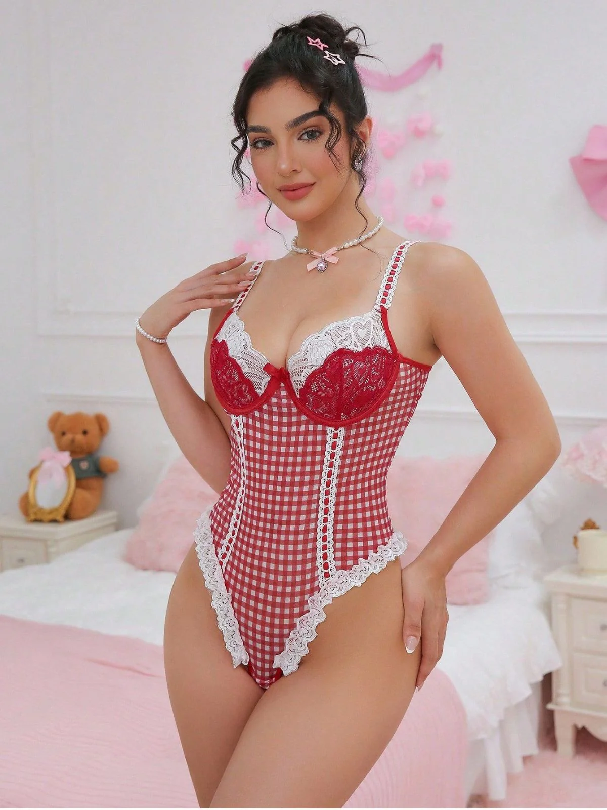 Rot 1960er Vichy-Karo Spitze Bogen Body Unterwäsche - Image 4