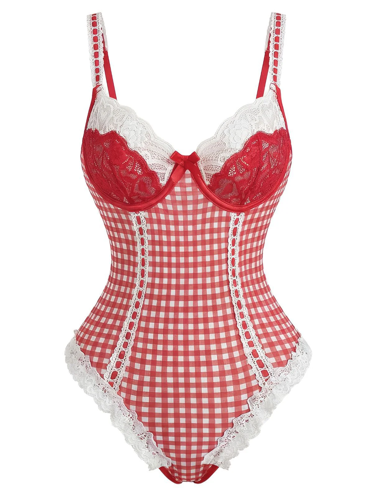 Rot 1960er Vichy-Karo Spitze Bogen Body Unterwäsche - Image 5