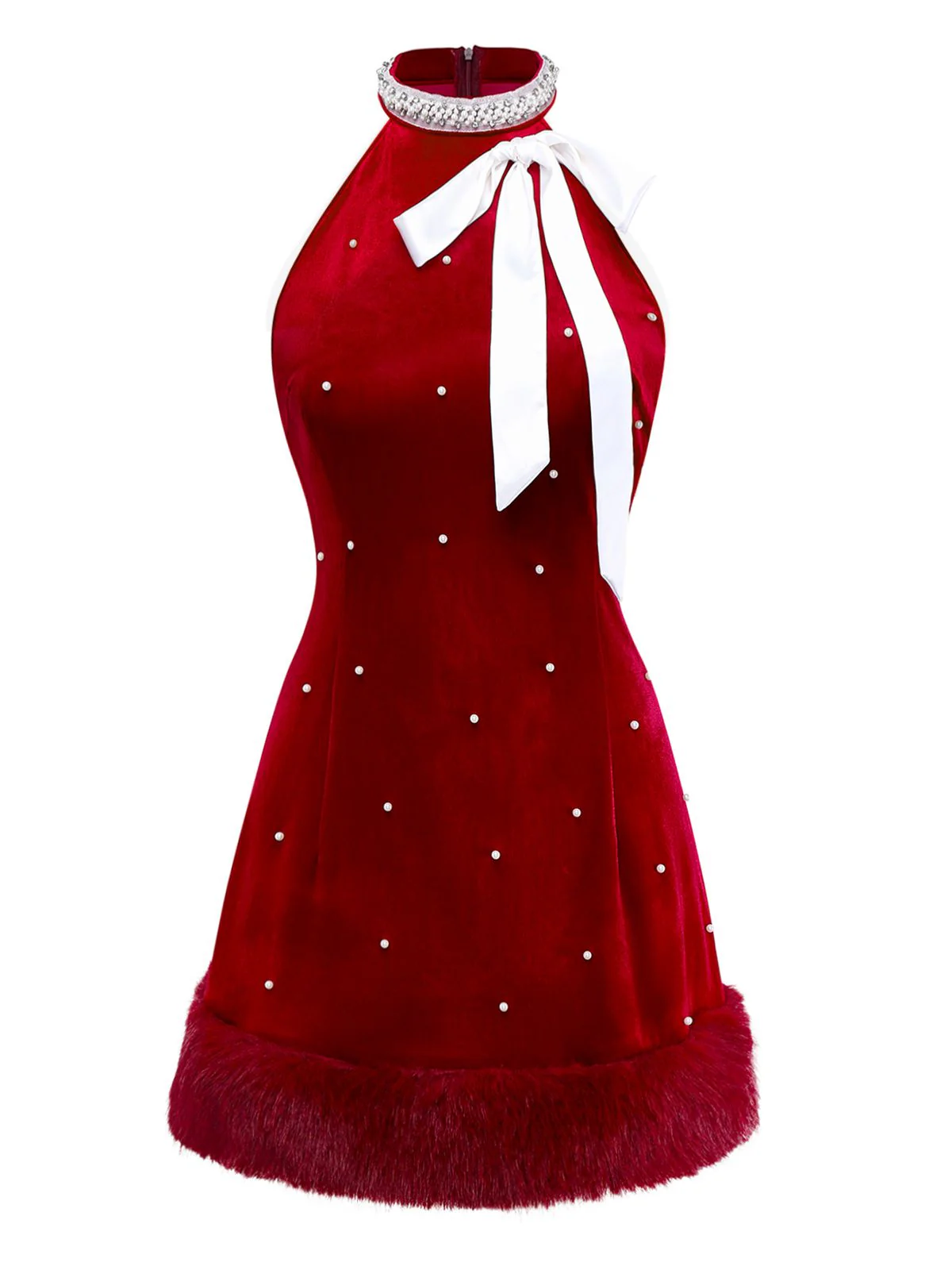 Rot 1960er Weihnachten Perlen Bogen Samt Kleid - Image 2