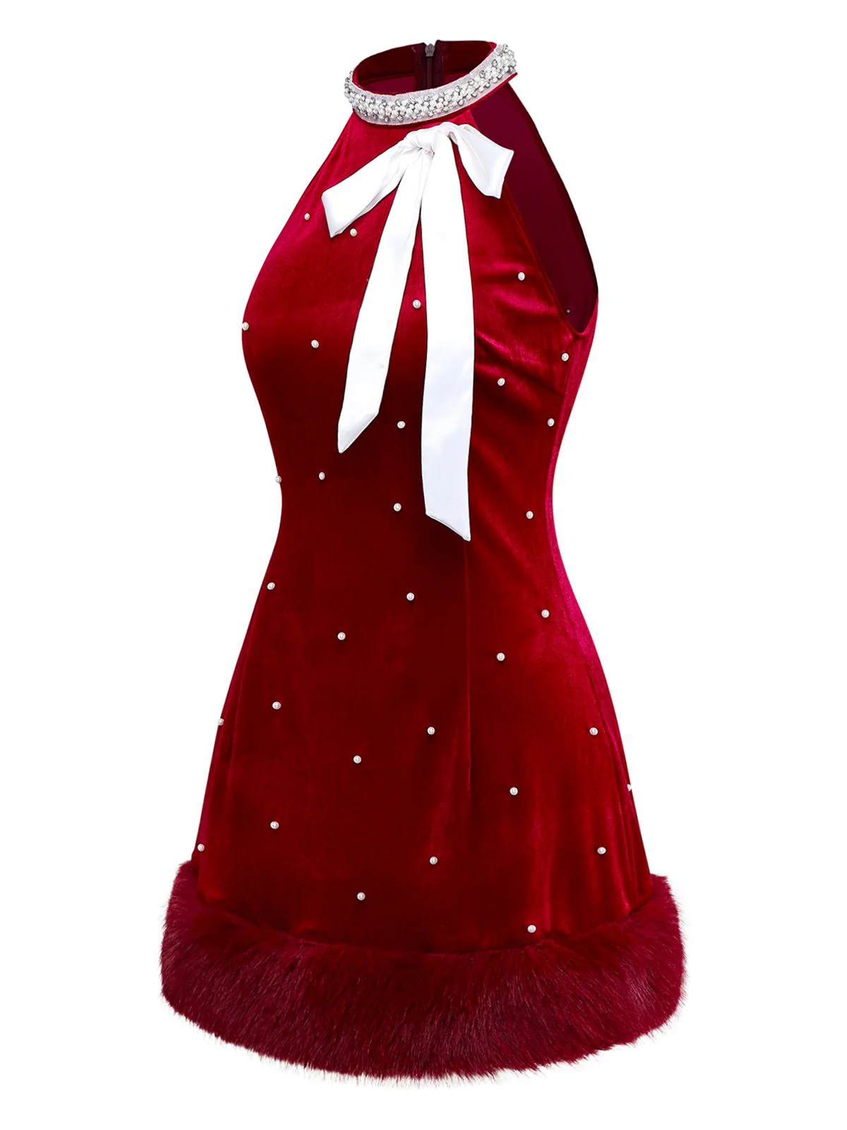 Rot 1960er Weihnachten Perlen Bogen Samt Kleid - Image 3