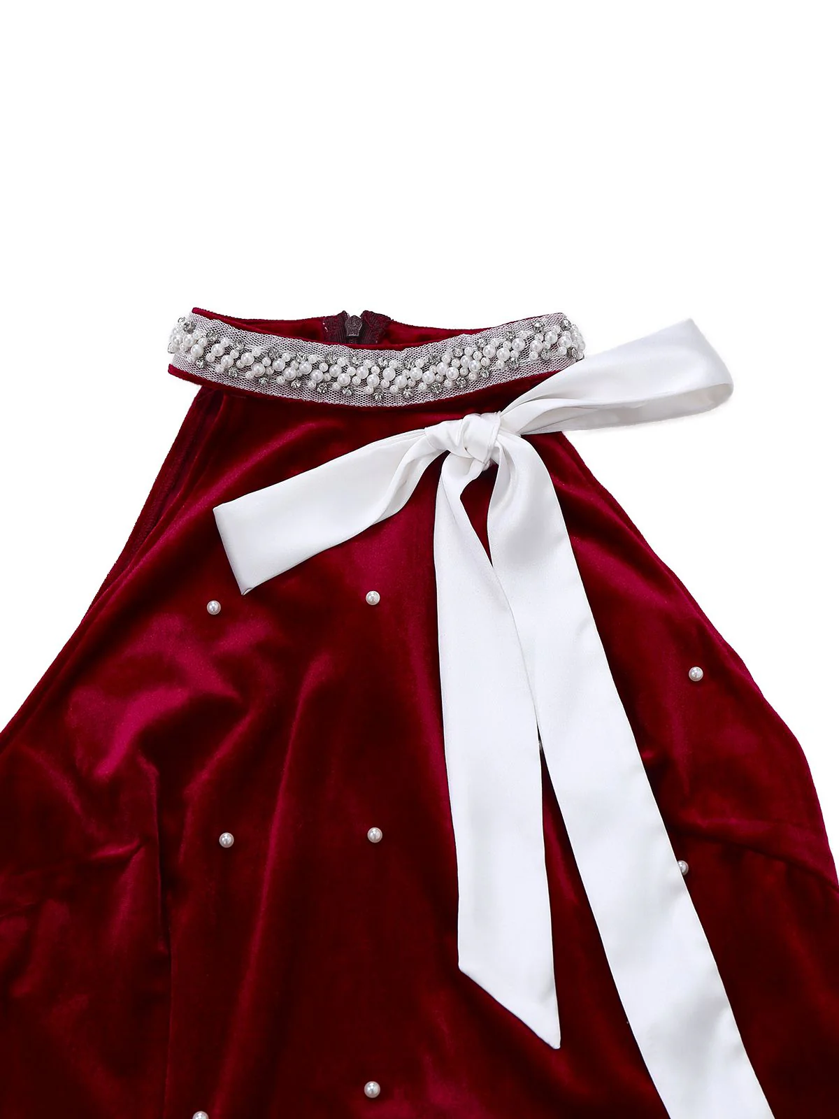 Rot 1960er Weihnachten Perlen Bogen Samt Kleid - Image 5