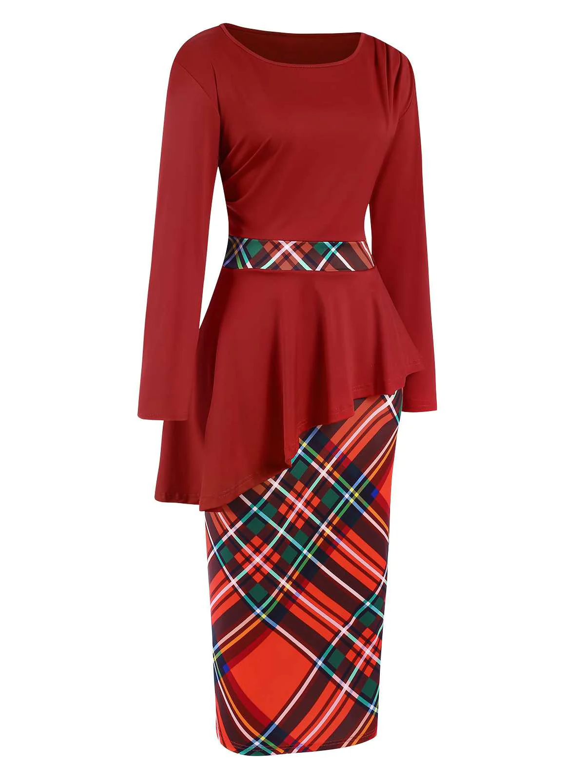 Rot 1960er Weihnachten Plaids Patchwork Kleid - Image 3