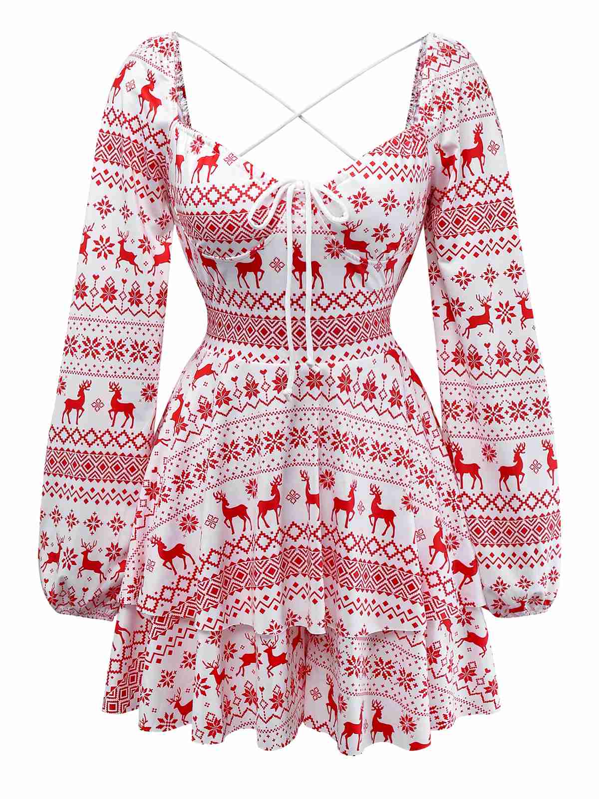 Rot 1960er Weihnachten Reindeer Schnürung Rückenfrei Kleid