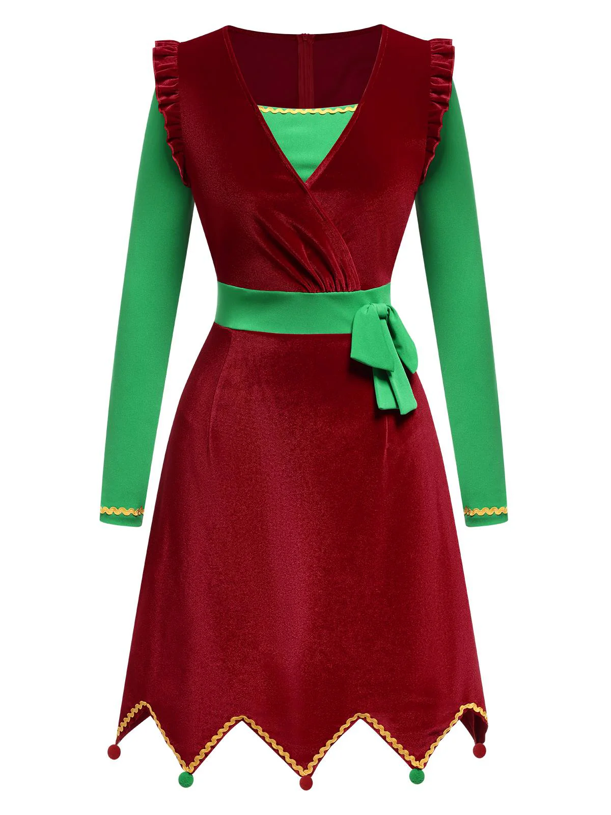 Rot 1960er Weihnachten Wellensaum Kontrast Kleid - Image 2