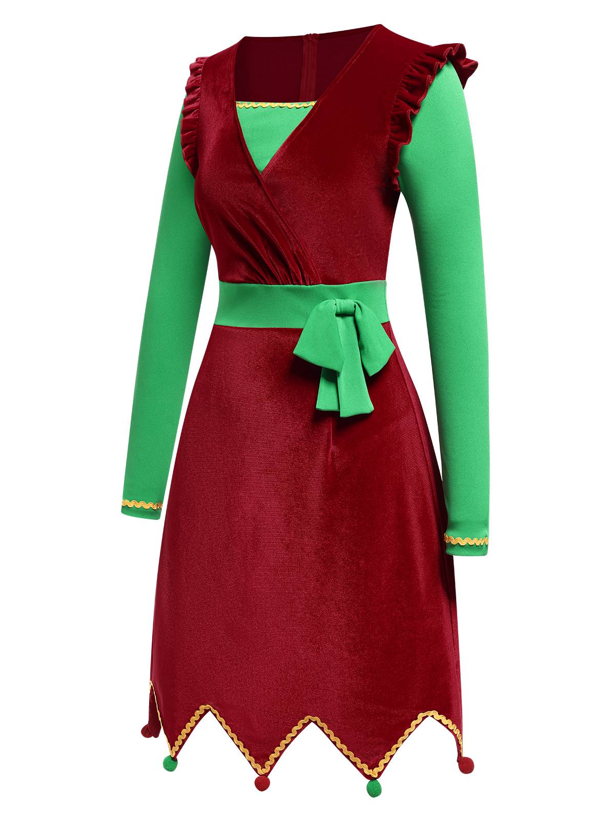 Rot 1960er Weihnachten Wellensaum Kontrast Kleid - Image 4