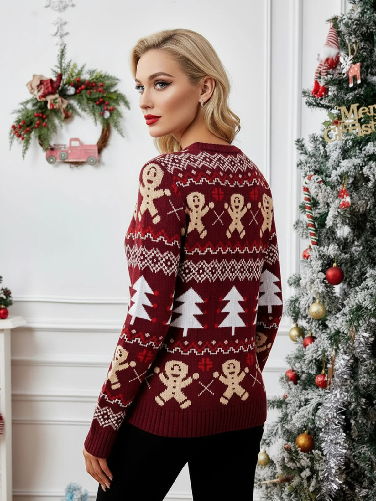 Rot 1960er Weihnachtsbaum & Lebkuchen Pullover - Image 3