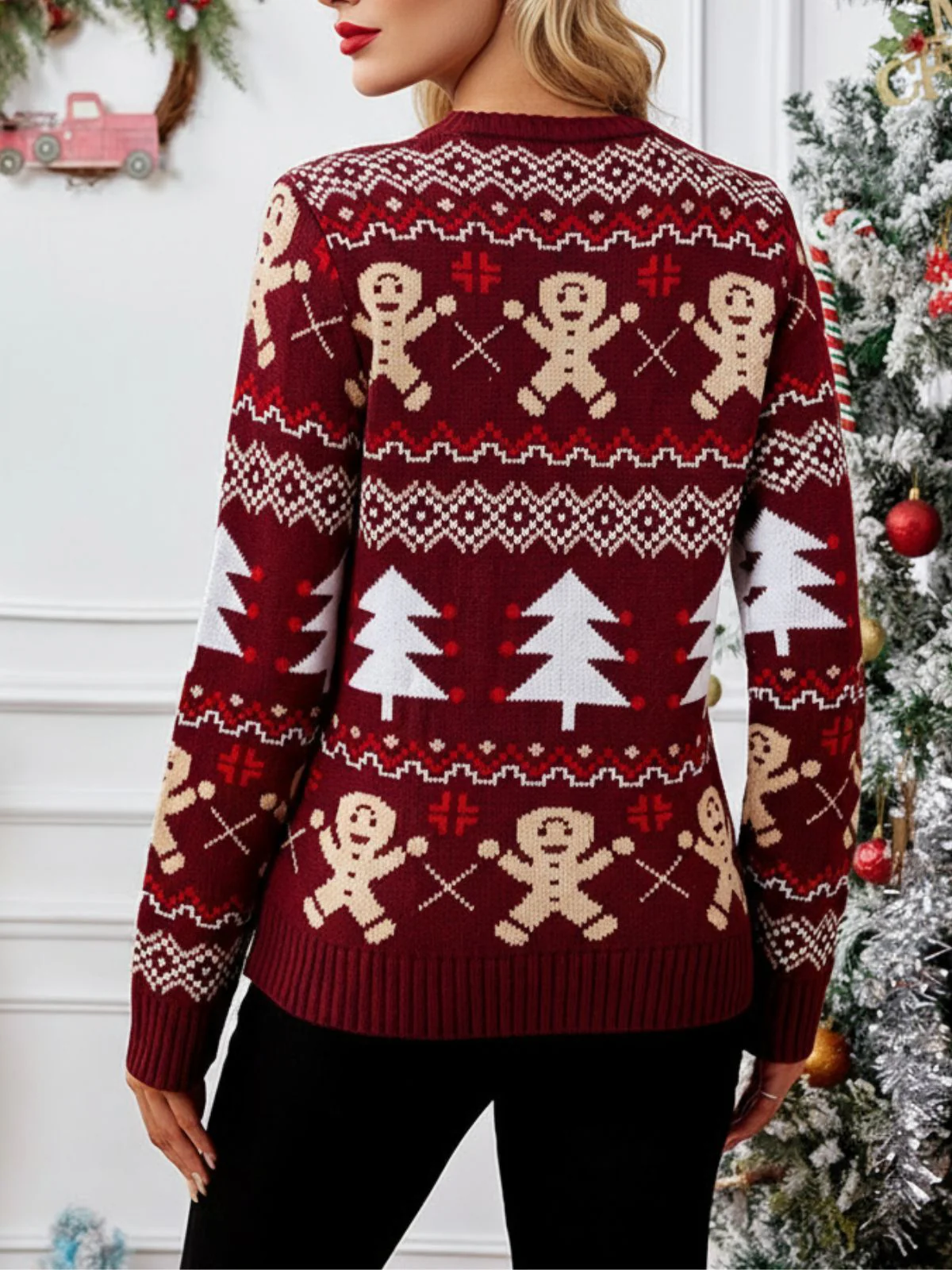 Rot 1960er Weihnachtsbaum & Lebkuchen Pullover - Image 4