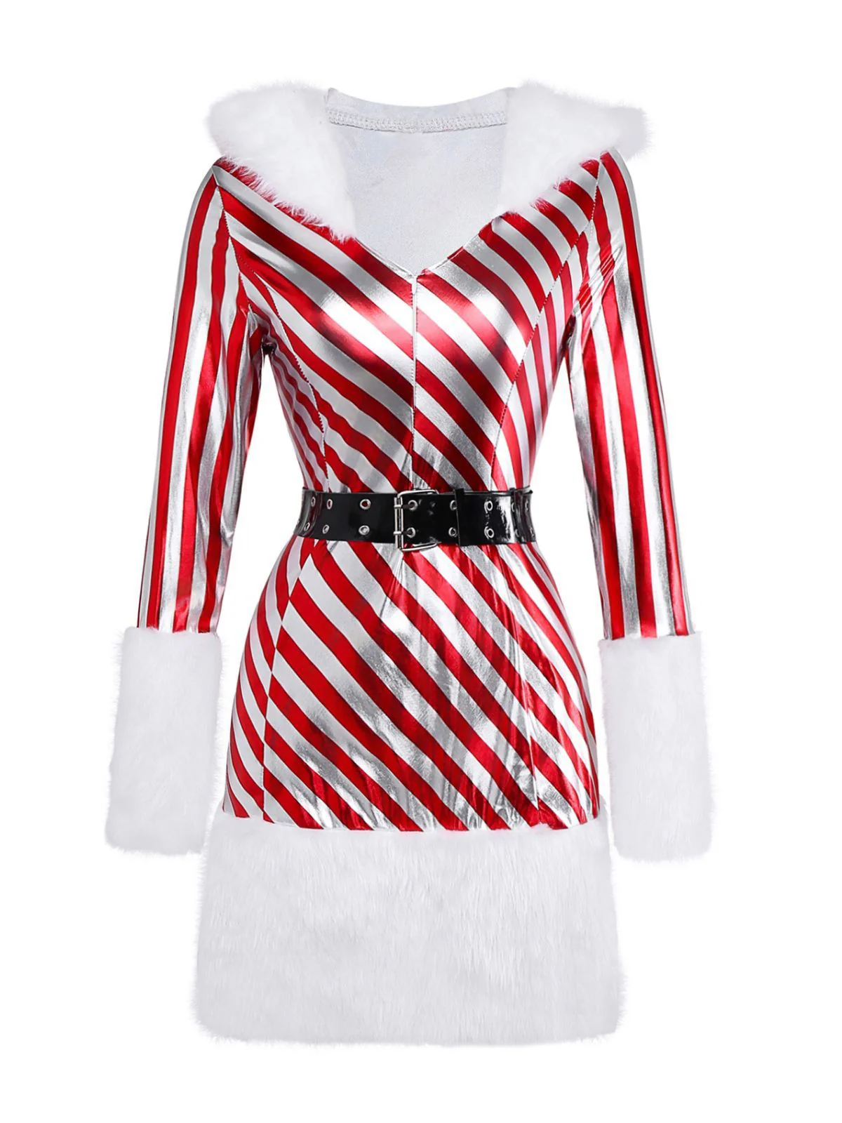 Rot 1960er Zuckerstange Streifen Kapuze Kleid & Beinwärmer - Image 2