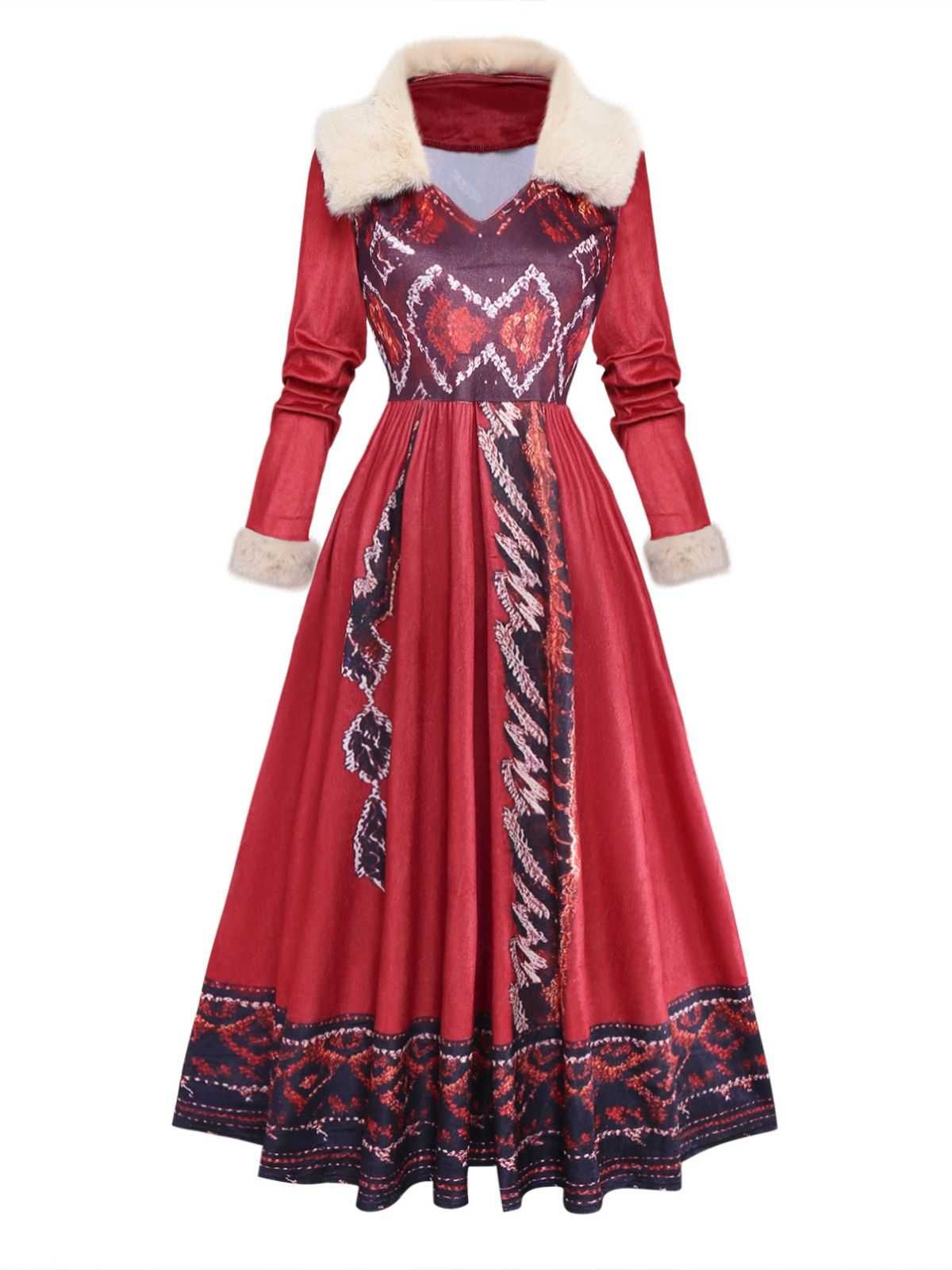 Rot 1970er Abnehmbar Pelz Kragen Boho Kleid - Image 2