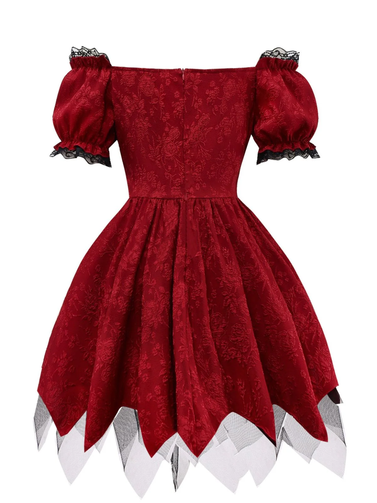 Rot 1970er Gothic Spitzen Bogen Schulterfrei Kleid - Image 2