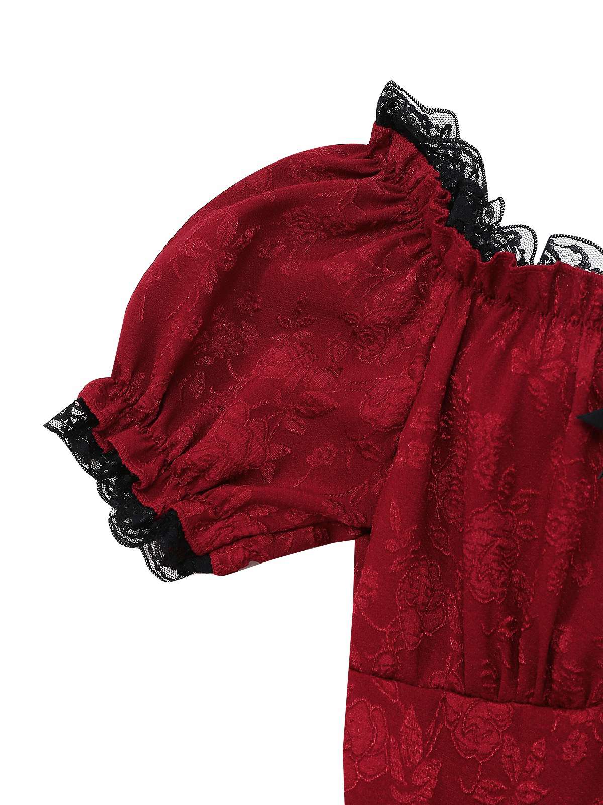 Rot 1970er Gothic Spitzen Bogen Schulterfrei Kleid - Image 3