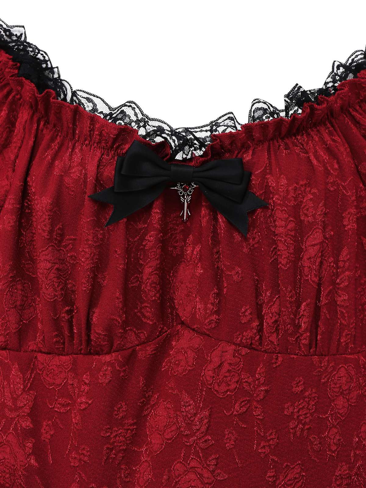 Rot 1970er Gothic Spitzen Bogen Schulterfrei Kleid - Image 4