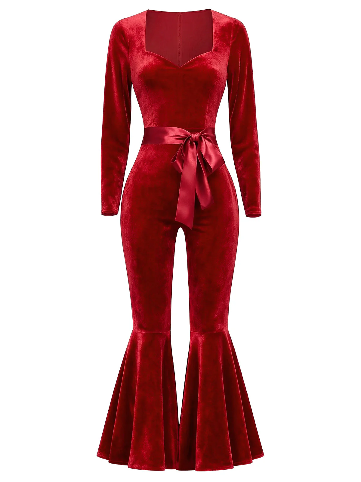 Rot 1970er Herzförmiger Ausgestelltes Bein Samt Jumpsuit