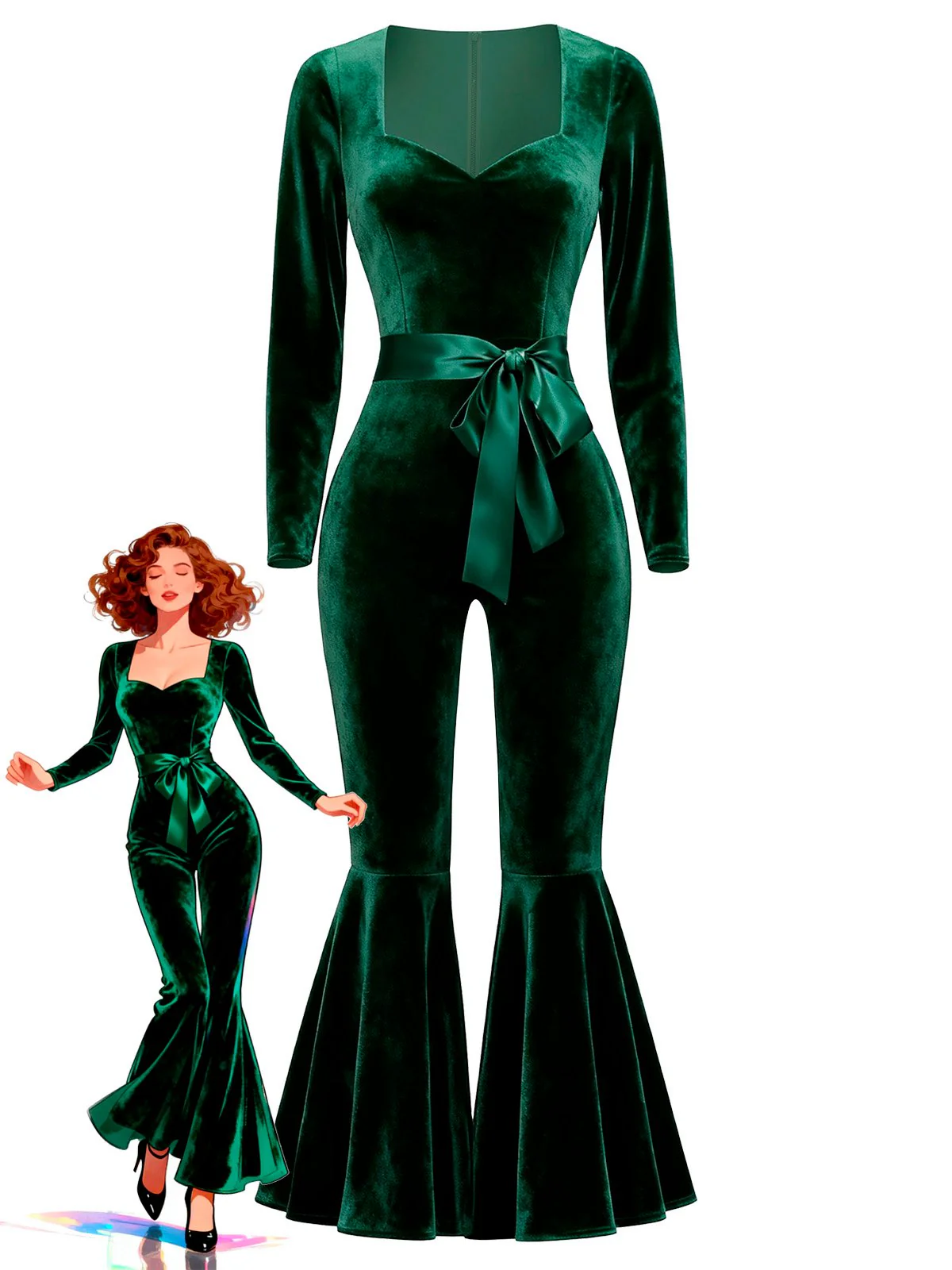 Rot 1970er Herzförmiger Ausgestelltes Bein Samt Jumpsuit - Image 3