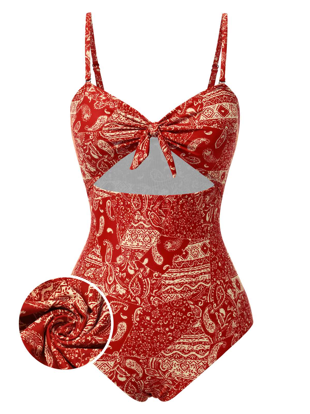 Rot 1970er Paisley Hohl Spaghetti Träger Badeanzug - Image 2