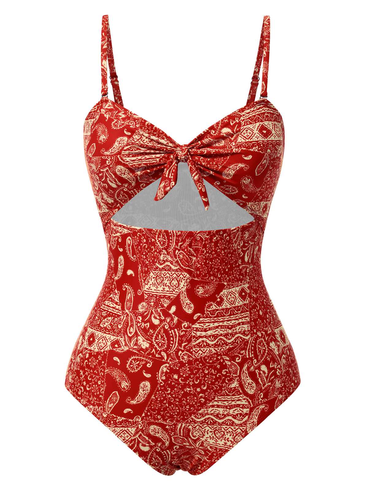 Rot 1970er Paisley Hohl Spaghetti Träger Badeanzug - Image 3