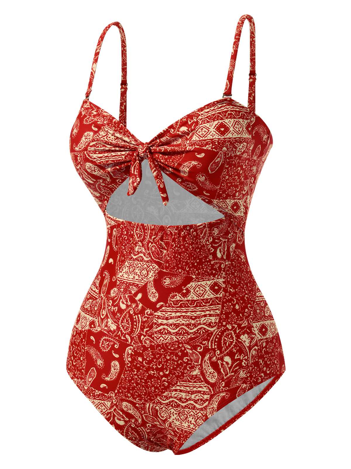 Rot 1970er Paisley Hohl Spaghetti Träger Badeanzug - Image 4