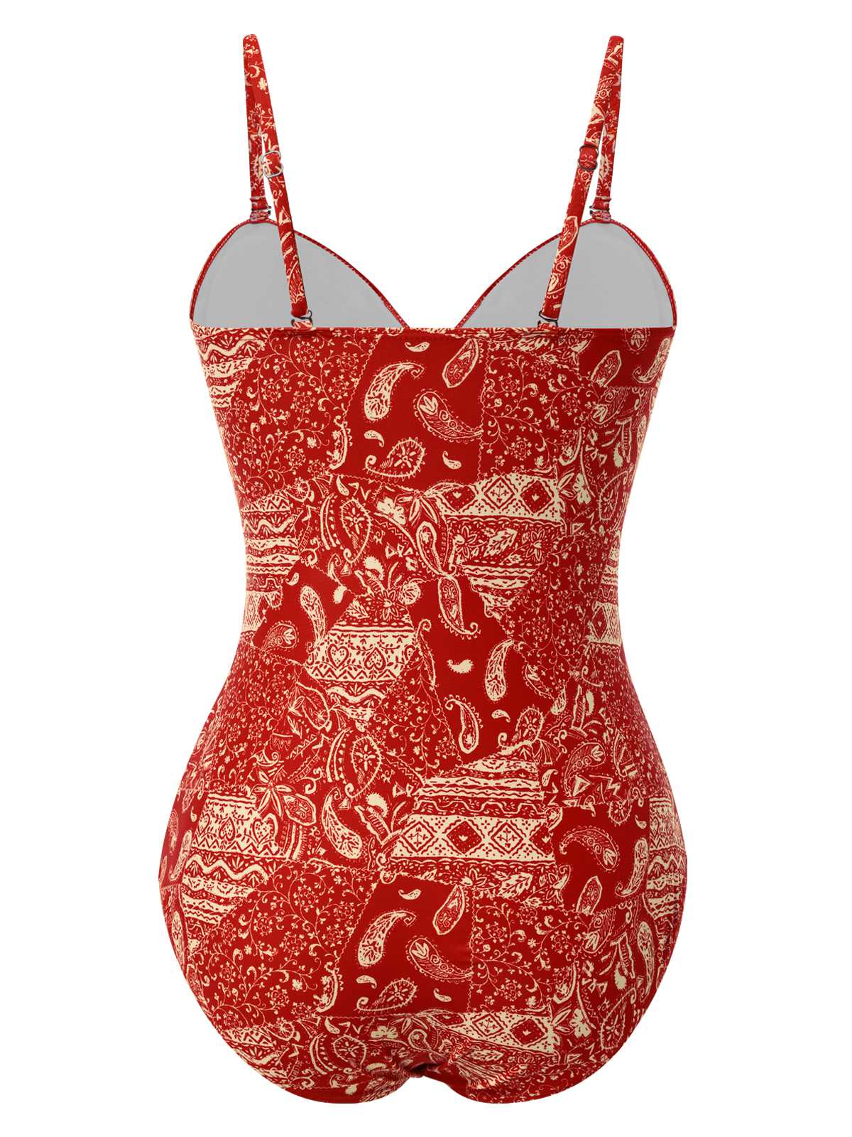Rot 1970er Paisley Hohl Spaghetti Träger Badeanzug - Image 5