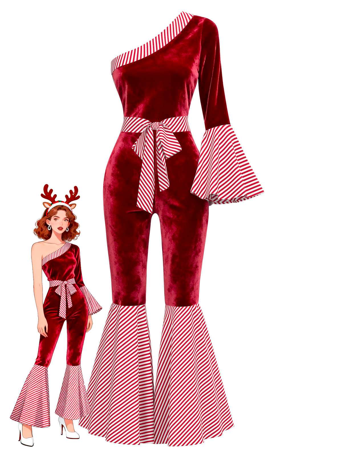 Rot 1970er Samt Candy Streifen Glockenärmel Jumpsuit
