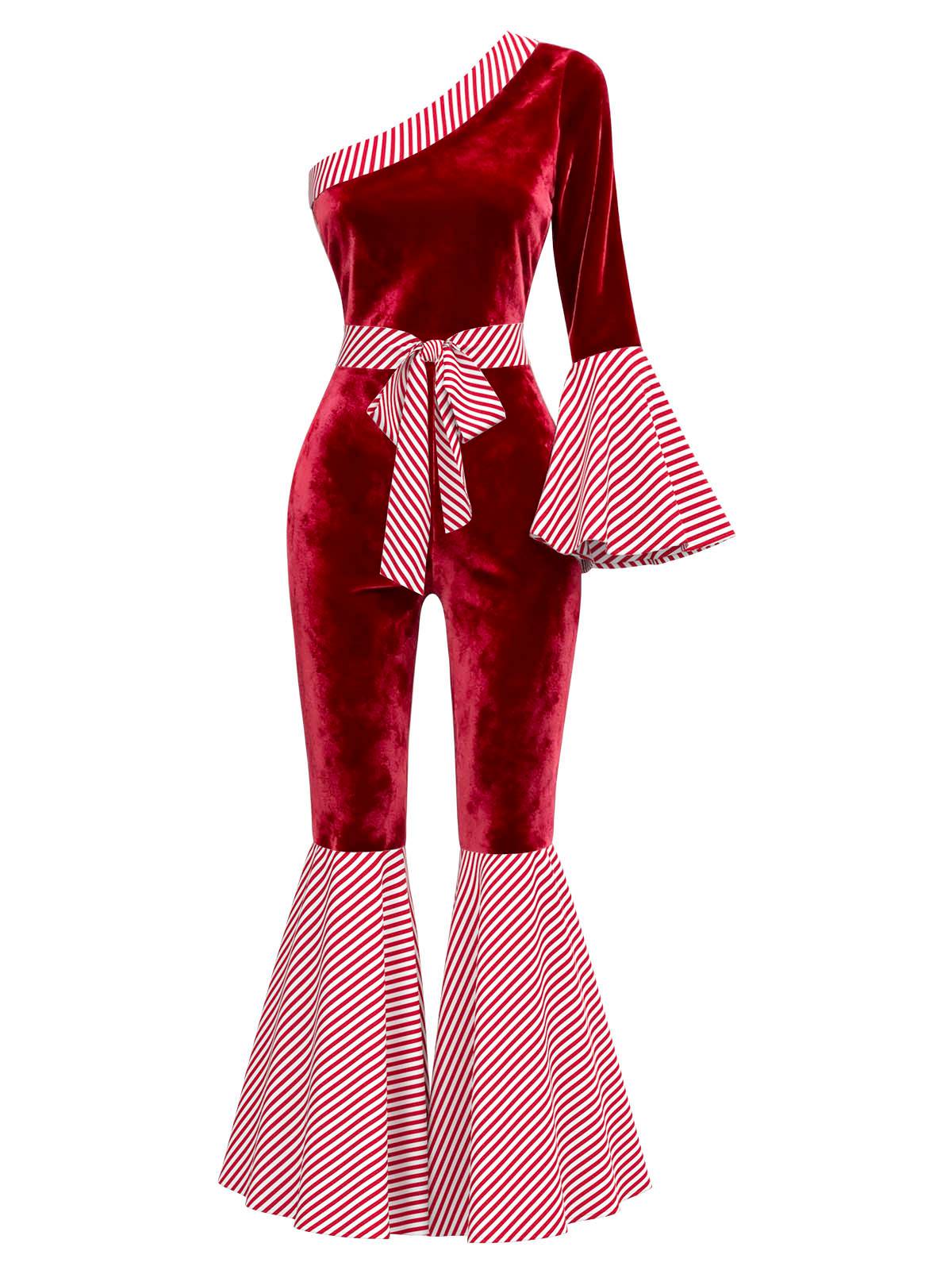 Rot 1970er Samt Candy Streifen Glockenärmel Jumpsuit - Image 2