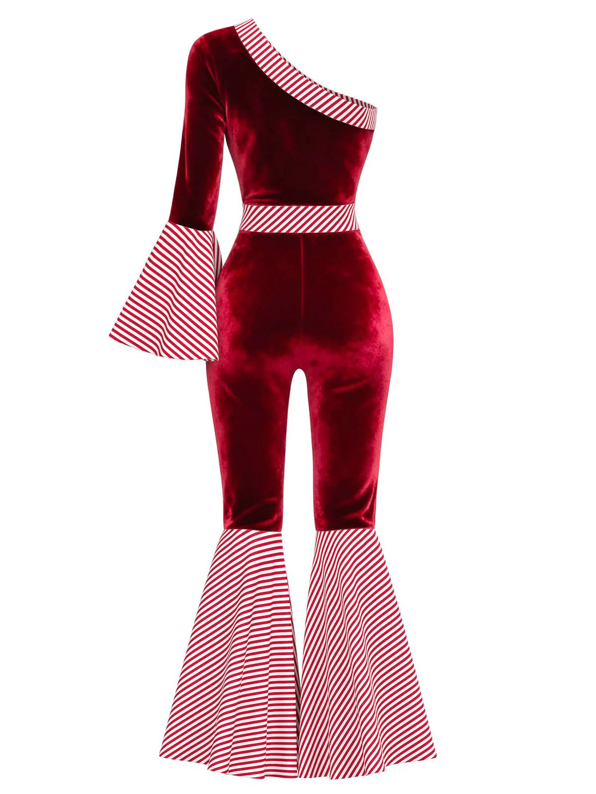 Rot 1970er Samt Candy Streifen Glockenärmel Jumpsuit - Image 3