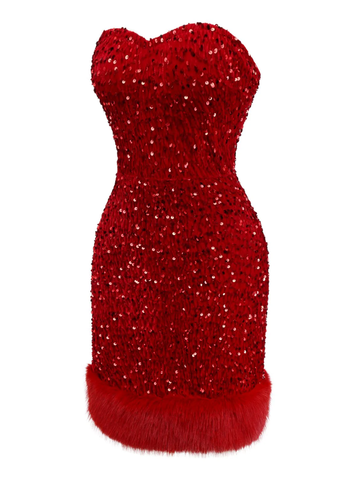 Rot 1970er Samt Pailletten Kunstpelz Trim Trägerlos Kleid - Image 3
