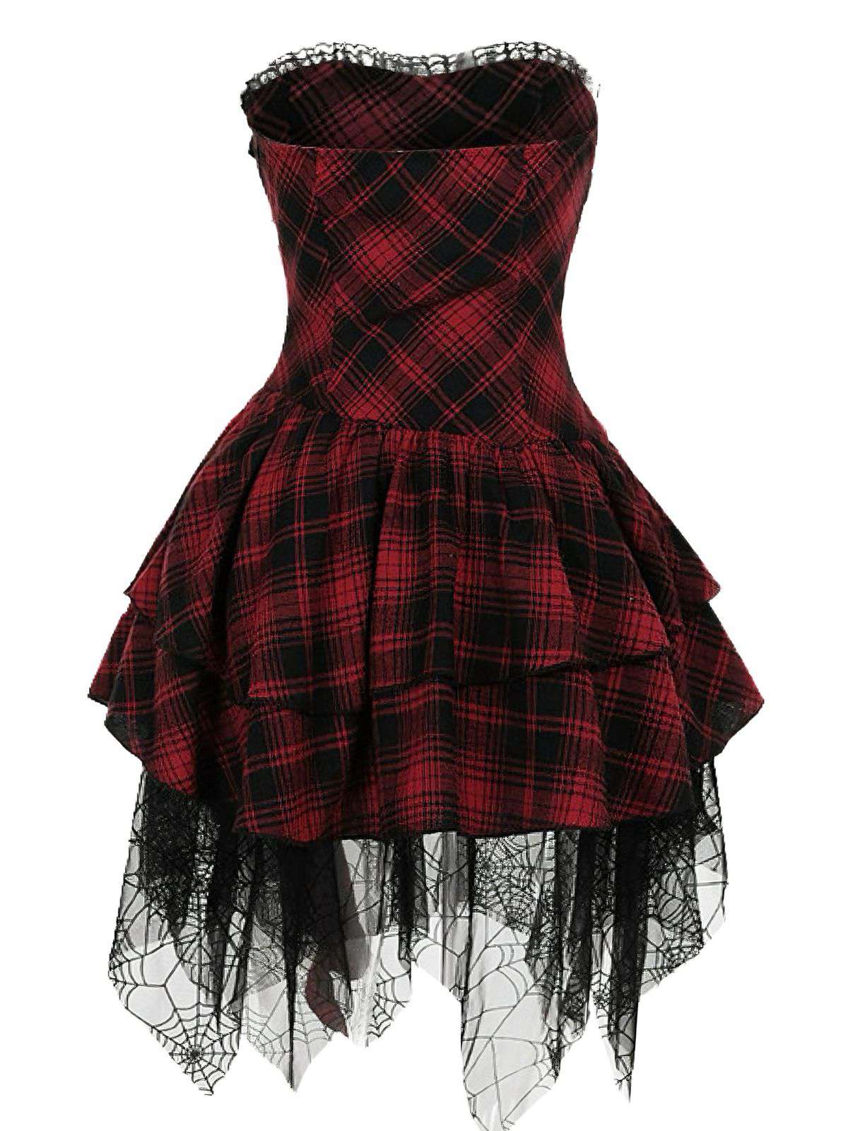 Rot 1970er Spinnennetz Netz Tartan Trägerlos Kleid - Image 2