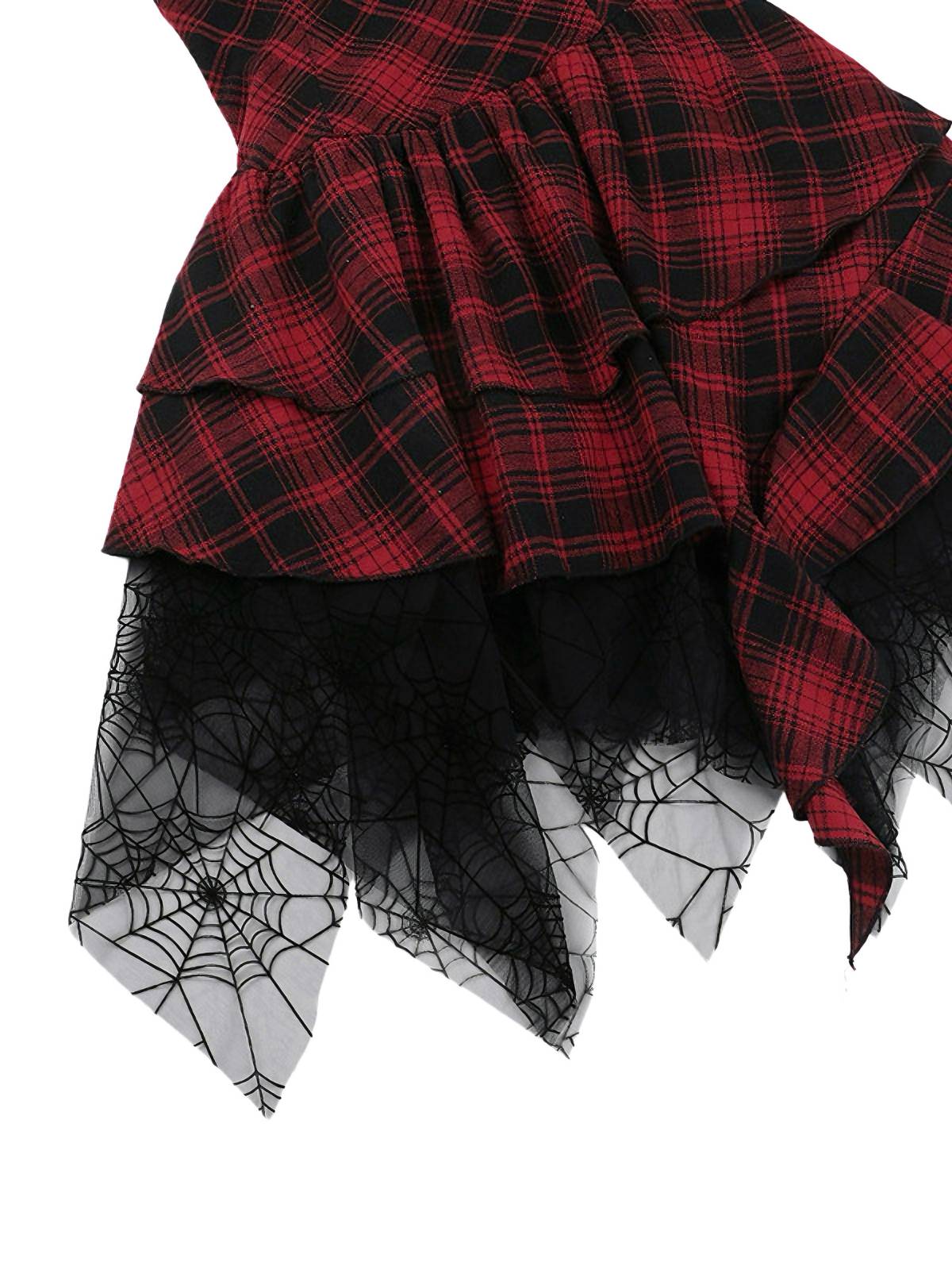 Rot 1970er Spinnennetz Netz Tartan Trägerlos Kleid - Image 3