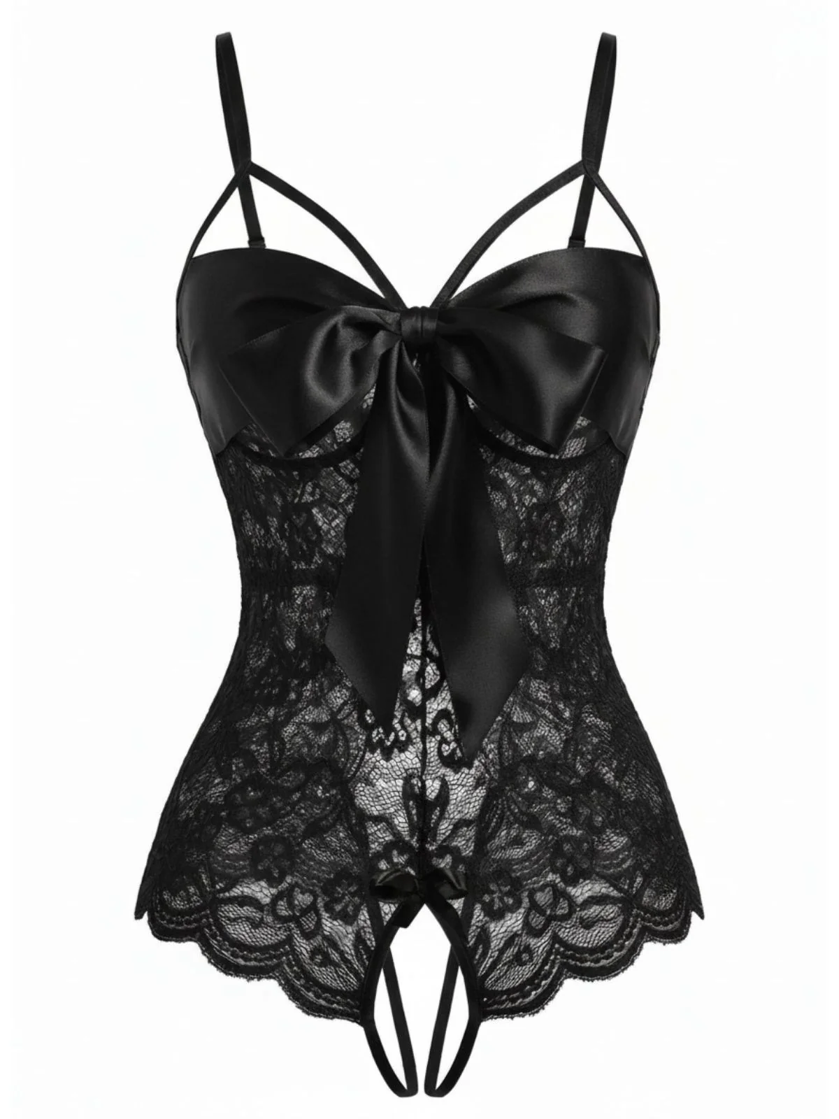 Schwarz 1970er Spitze Satin Bogen Verstellbar Träger Dessous
