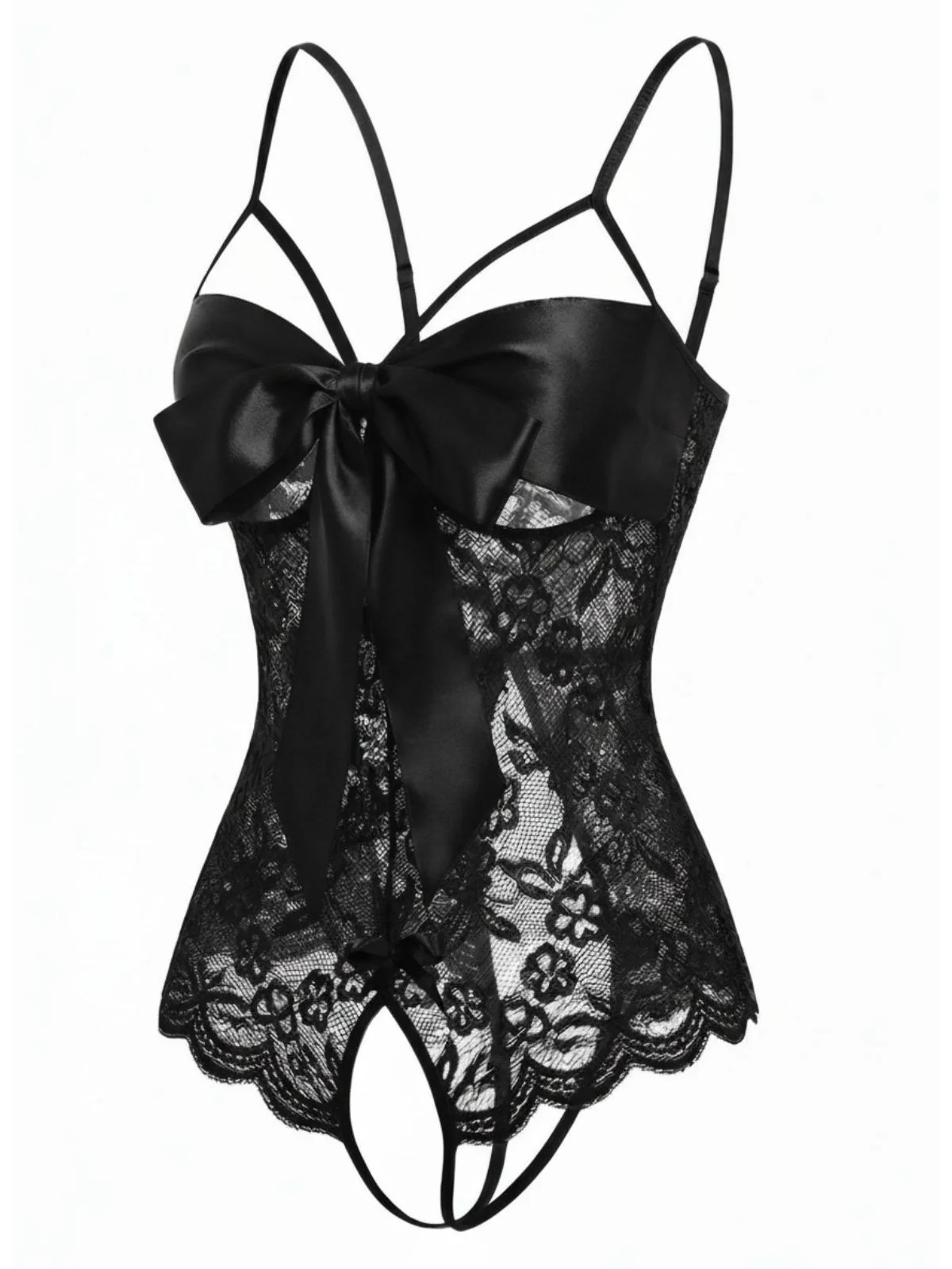 Schwarz 1970er Spitze Satin Bogen Verstellbar Träger Dessous - Image 2