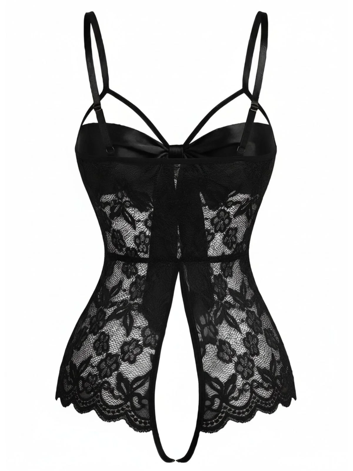 Schwarz 1970er Spitze Satin Bogen Verstellbar Träger Dessous - Image 3