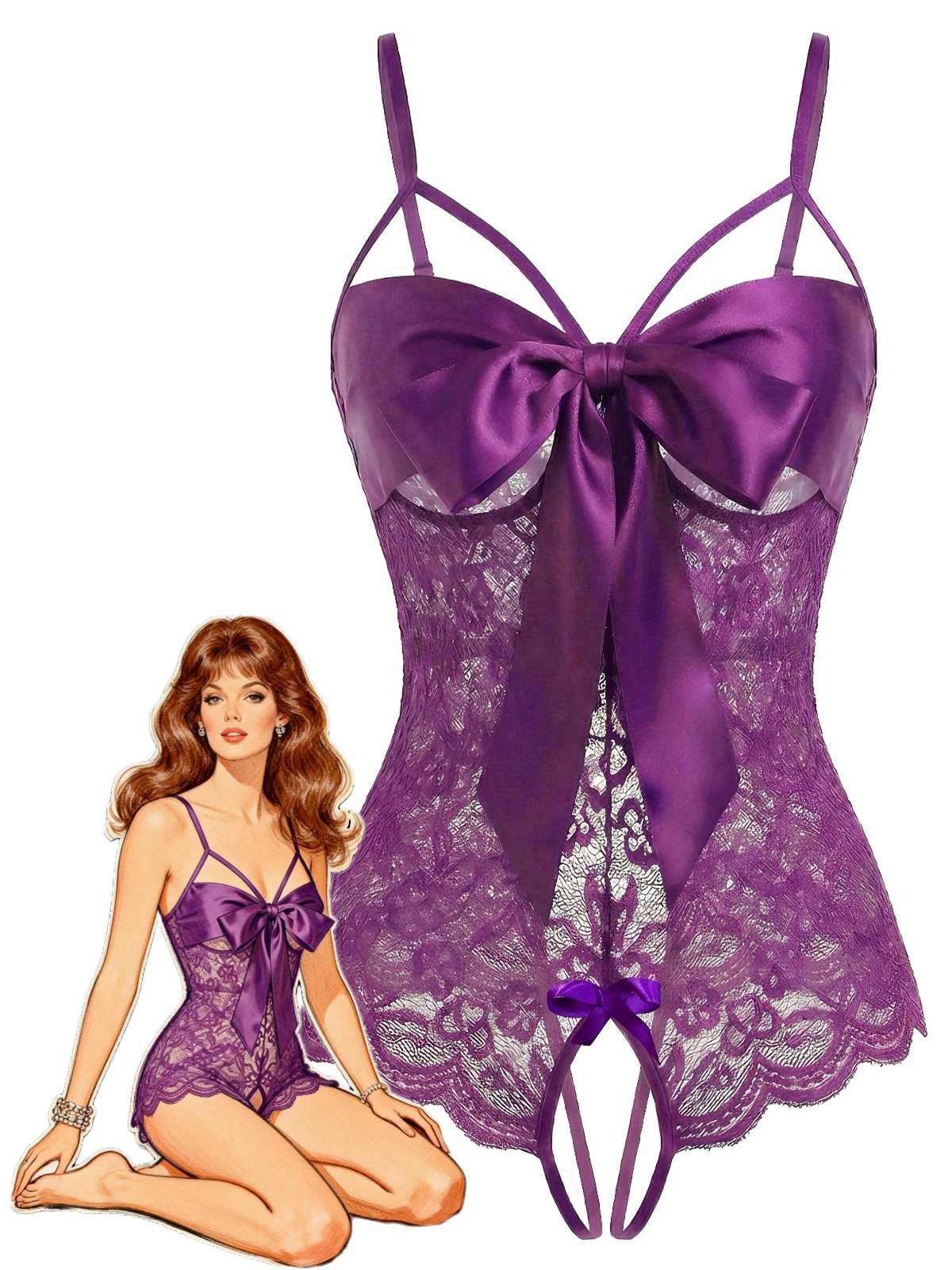 Schwarz 1970er Spitze Satin Bogen Verstellbar Träger Dessous - Image 4
