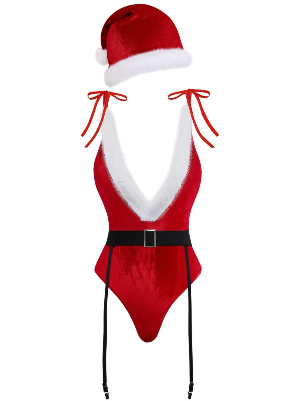 Rot 1970er Tief-V Weihnachten Plüsch Bodysuit Mit Hut - Image 2