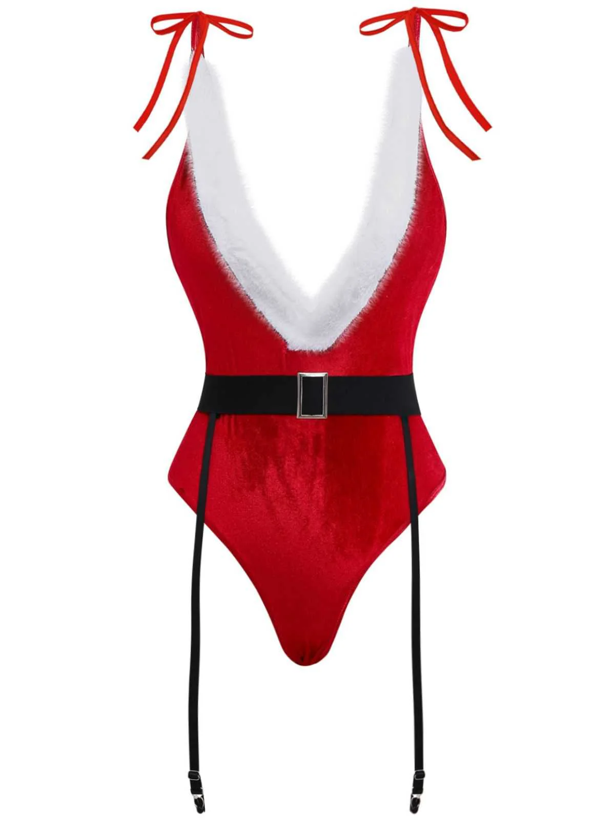 Rot 1970er Tief-V Weihnachten Plüsch Bodysuit Mit Hut - Image 3