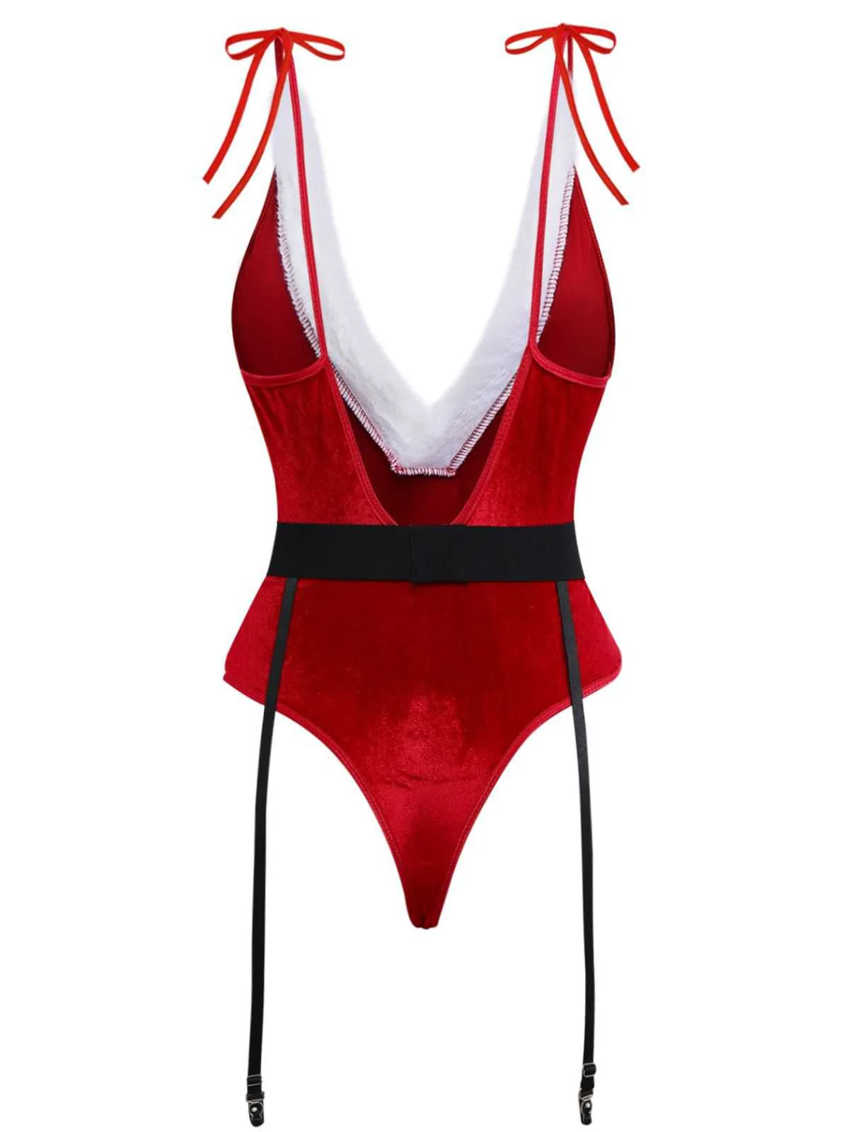 Rot 1970er Tief-V Weihnachten Plüsch Bodysuit Mit Hut - Image 4