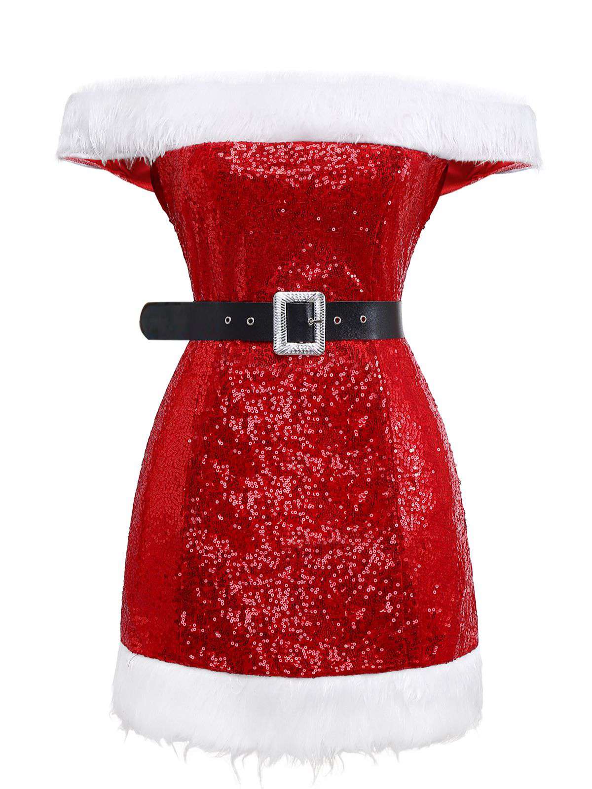 Rot 1970er Weihnachten Pailletten Schulterfrei Plüschbesatz Kleid - Image 2
