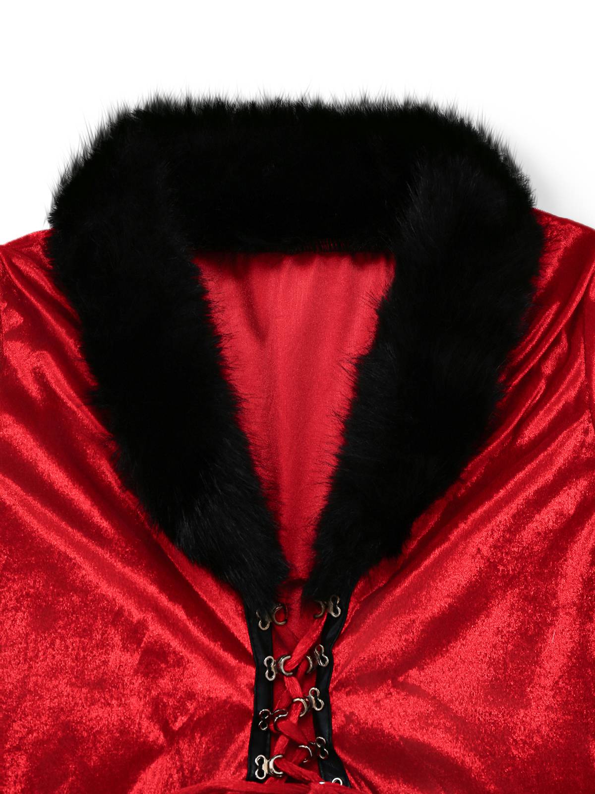 Rot 1970er Weihnachten Pelzbesatz Schnürung Samt Kleid - Image 4
