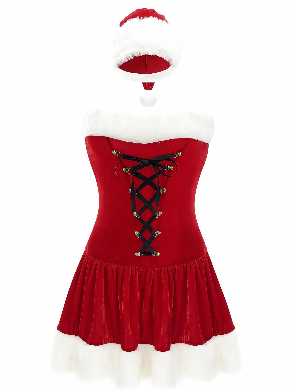 Rot 1970er Weihnachten Plüsch Schnürung Trägerlos Santa Kleid - Image 2