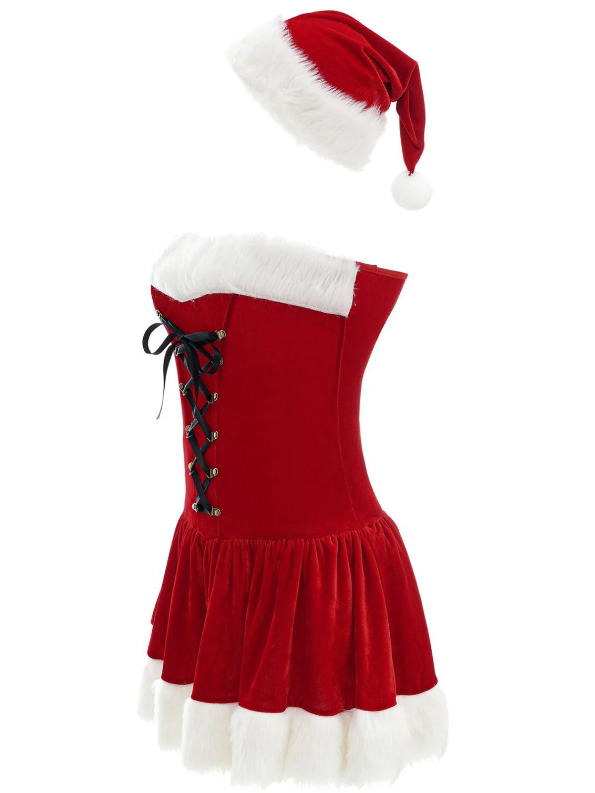 Rot 1970er Weihnachten Plüsch Schnürung Trägerlos Santa Kleid - Image 3
