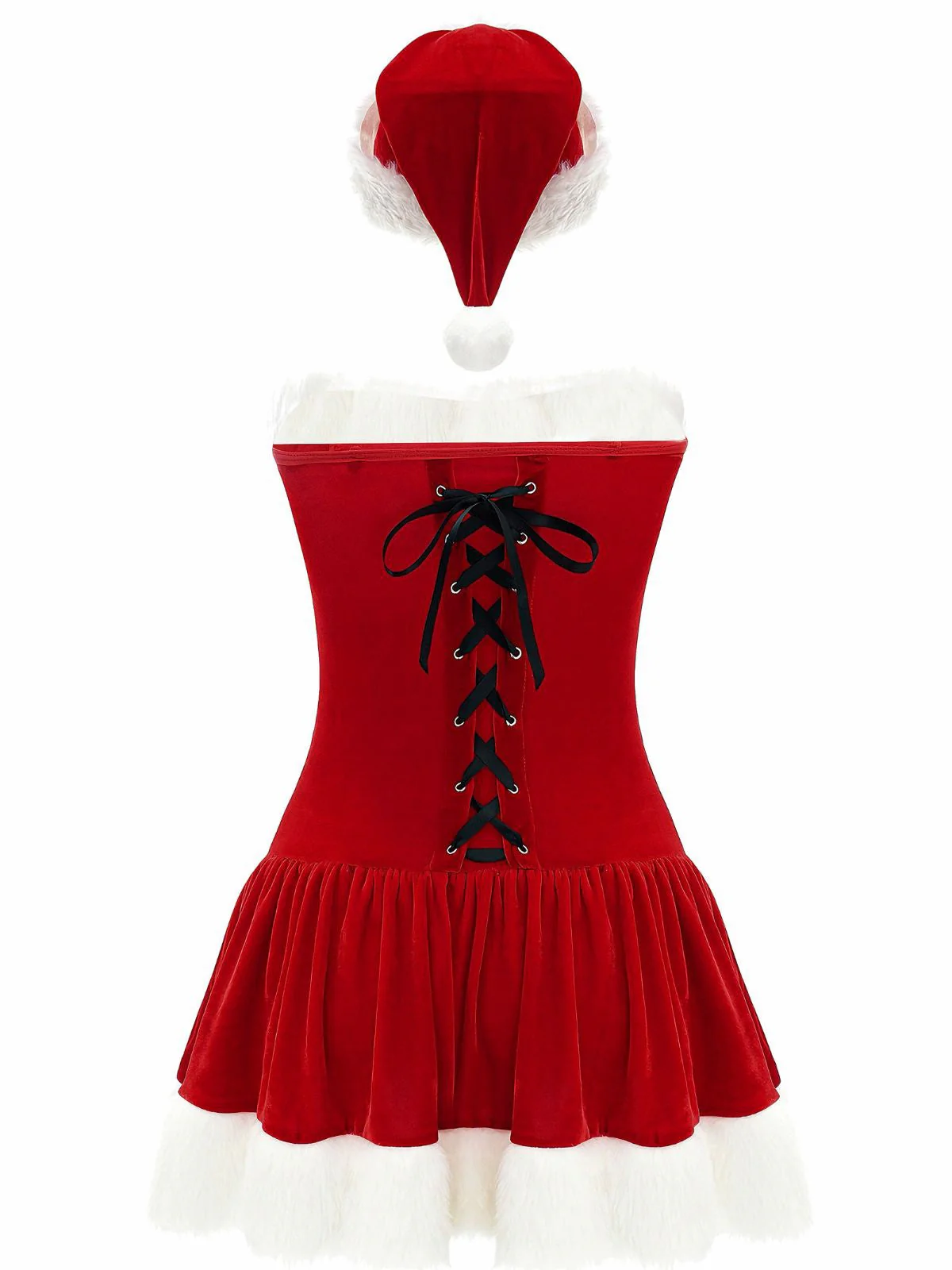 Rot 1970er Weihnachten Plüsch Schnürung Trägerlos Santa Kleid - Image 4