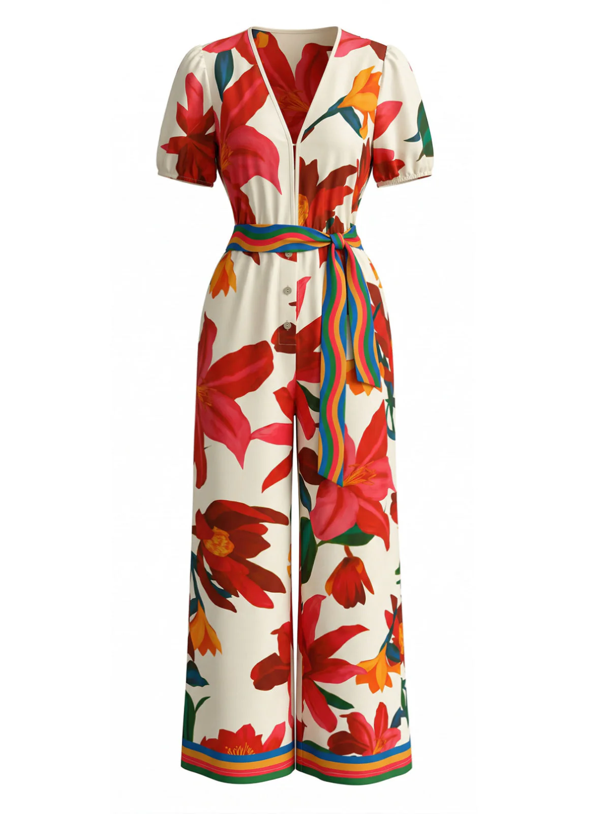 Rot 1980er Blumen Kurzarm Weites Bein Gürtel Jumpsuit - Image 2